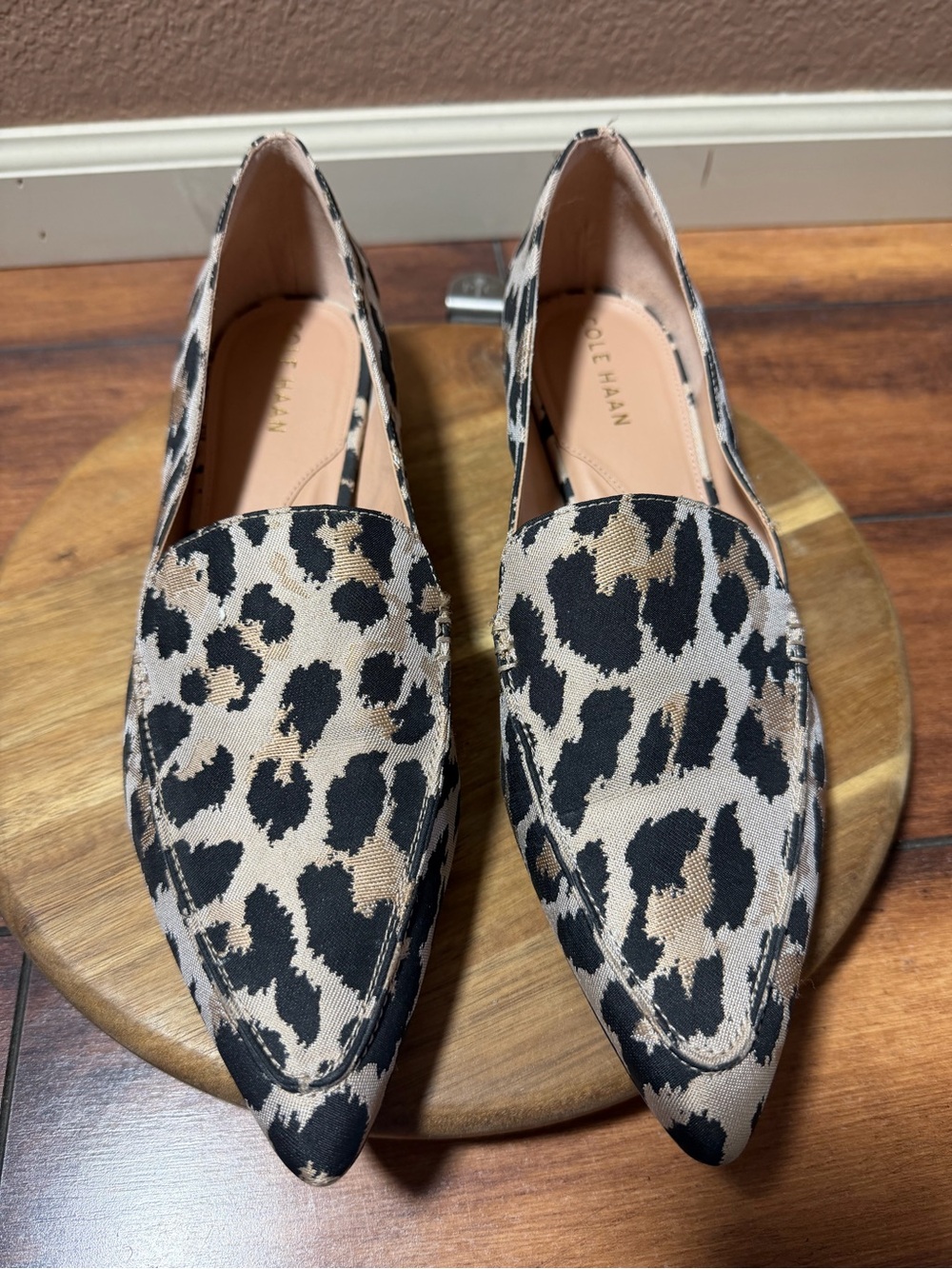 Cole Haan Leopard-Print Pointed-Toe Flats in Beige and Black Size 9.5